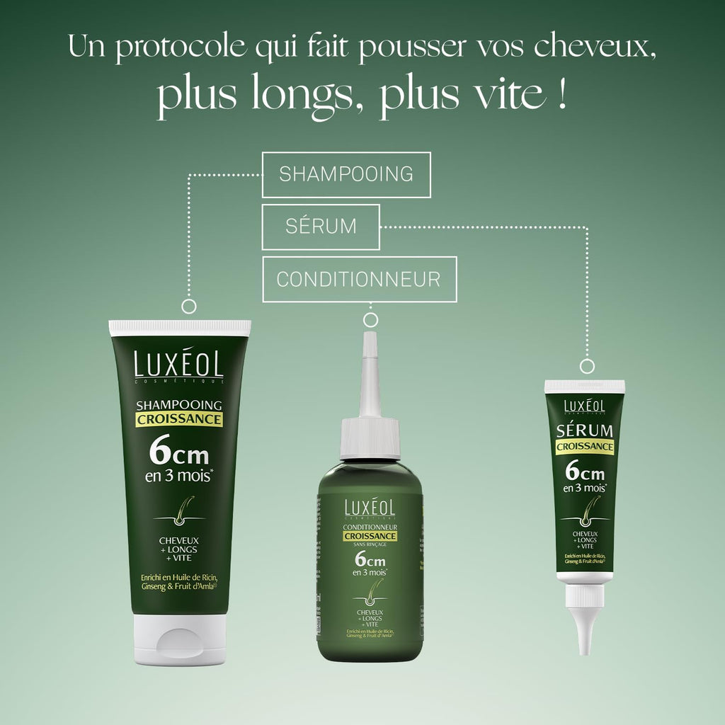 LUXÉOL - Shampoing Croissance - Pousse de 6cm en 3 Mois* - Des Cheveux Plus Longs Plus Vite - Cliniquement Prouvé - Formule d'Origine Naturelle - Huile de Ricin, Amla & Ginseng(3) - 200 ml
