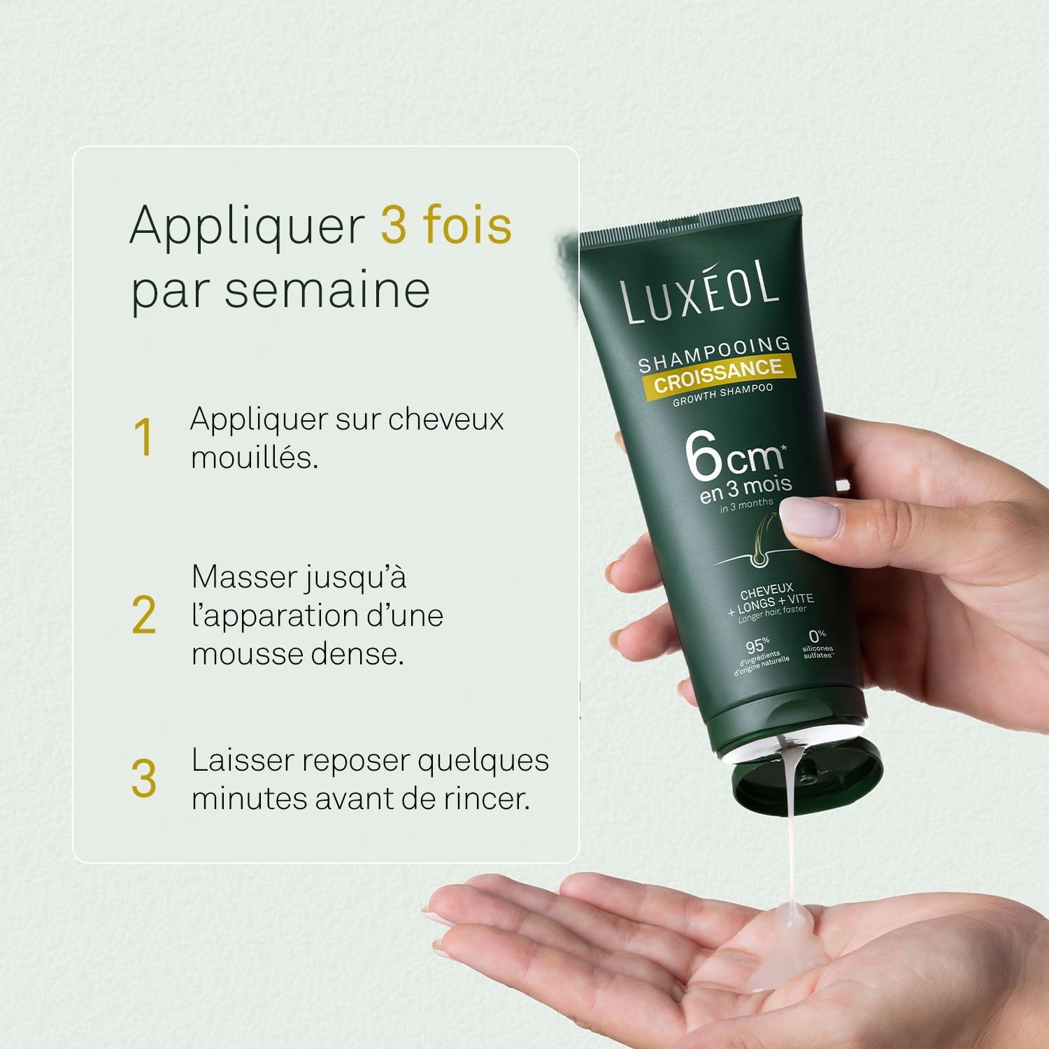LUXÉOL - Shampoing Croissance - Pousse de 6cm en 3 Mois* - Des Cheveux Plus Longs Plus Vite - Cliniquement Prouvé - Formule d'Origine Naturelle - Huile de Ricin, Amla & Ginseng(3) - 200 ml
