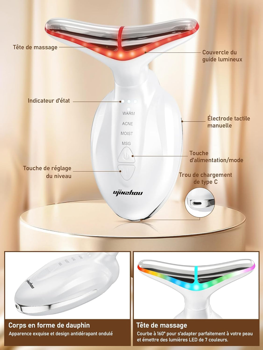 Appareil Massage Visage Anti Rides: Masseur Lifting Visage Electrique 4 Modes 7 Couleurs LED - Appareil de Lift Facial Anti-Âge Double Menton à 45℃ - Machine de Beauté Raffermissement Face Cou Femmes