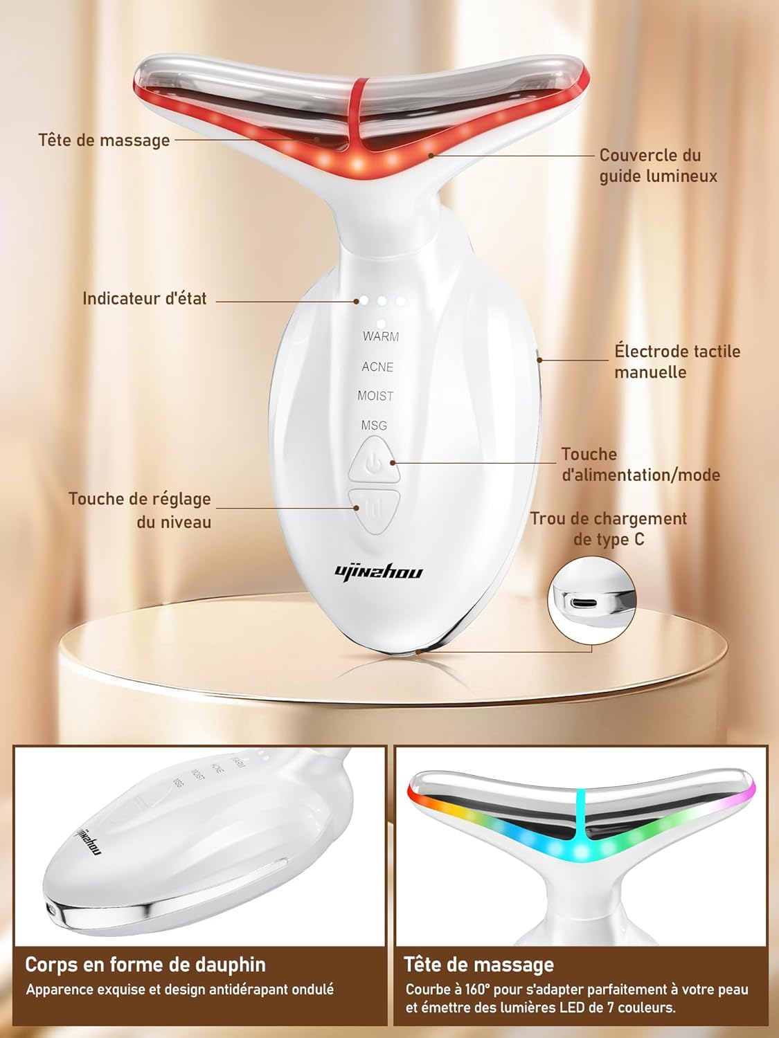 Appareil Massage Visage Anti Rides: Masseur Lifting Visage Electrique 4 Modes 7 Couleurs LED - Appareil de Lift Facial Anti-Âge Double Menton à 45℃ - Machine de Beauté Raffermissement Face Cou Femmes