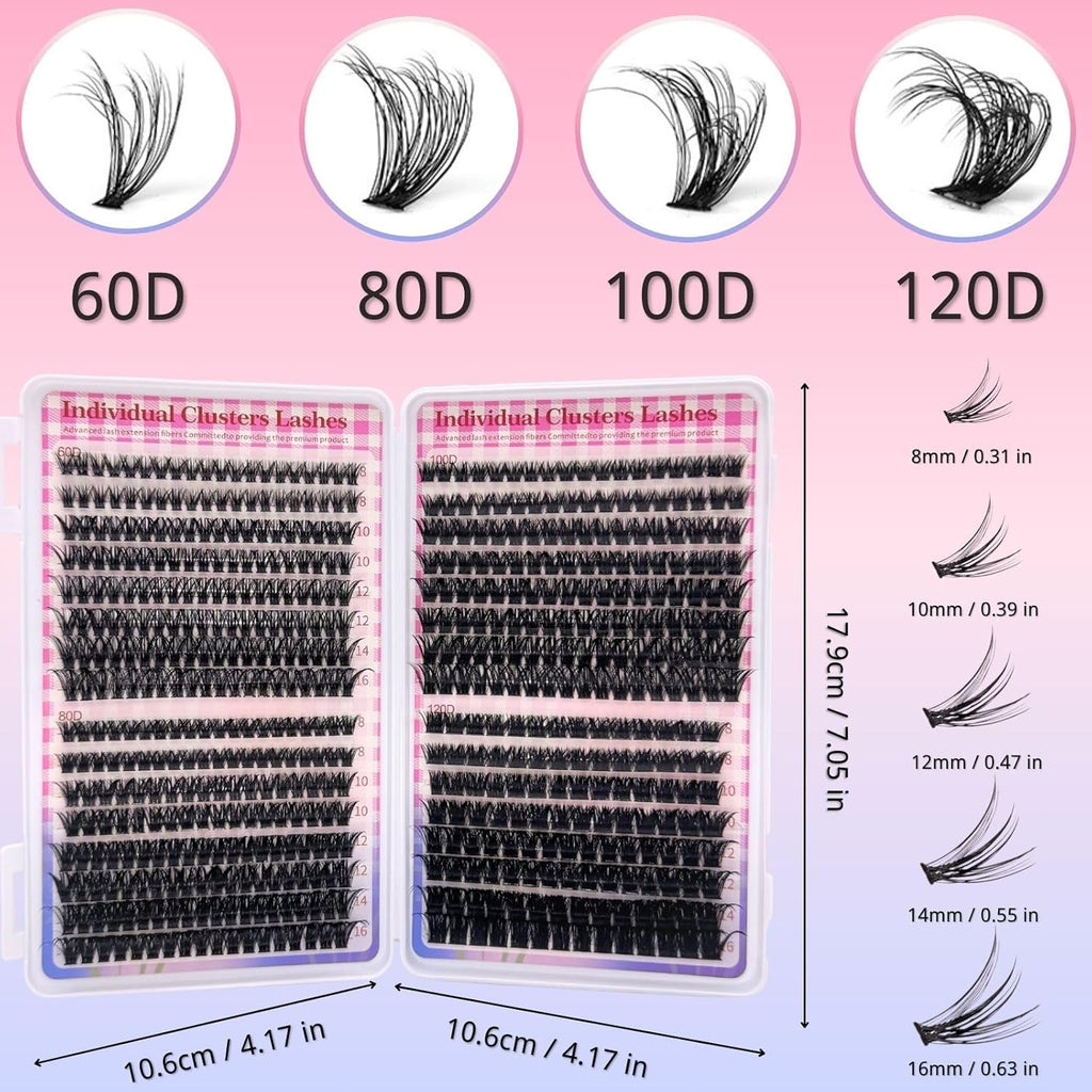 640pcs Kit Extension Cils Individuels, 60D+80D+100D+120D Faux Cils, Faux Cils Bouquet Volume Russian D Curl DIY Extensions de Cils 8-16mm Individual Lashes (60-80-100-120D)